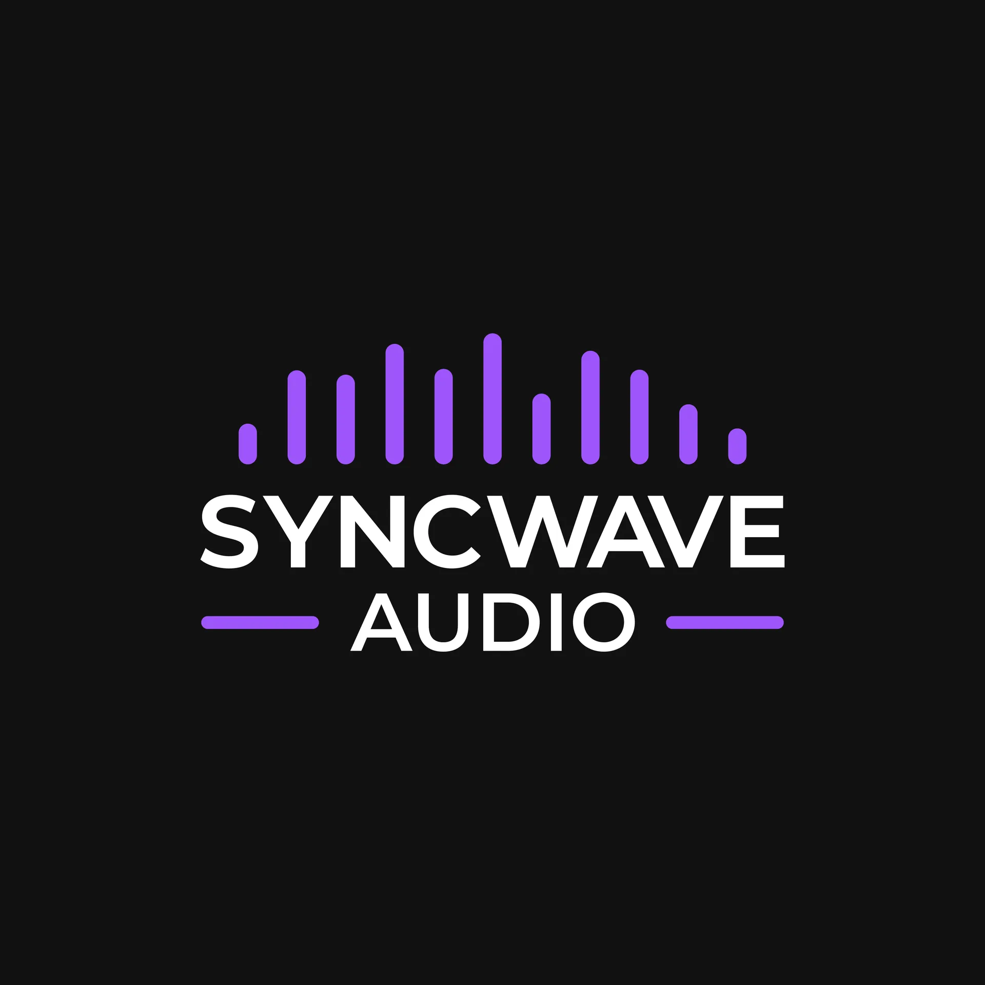 The image features a logo for Syncwave Audio, comprising white text and purple sound wave bars on a black background.