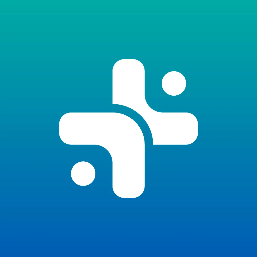 A white cross with rounded edges, featuring two circles, one on the left and one on the right, set against a blue and green gradient background.