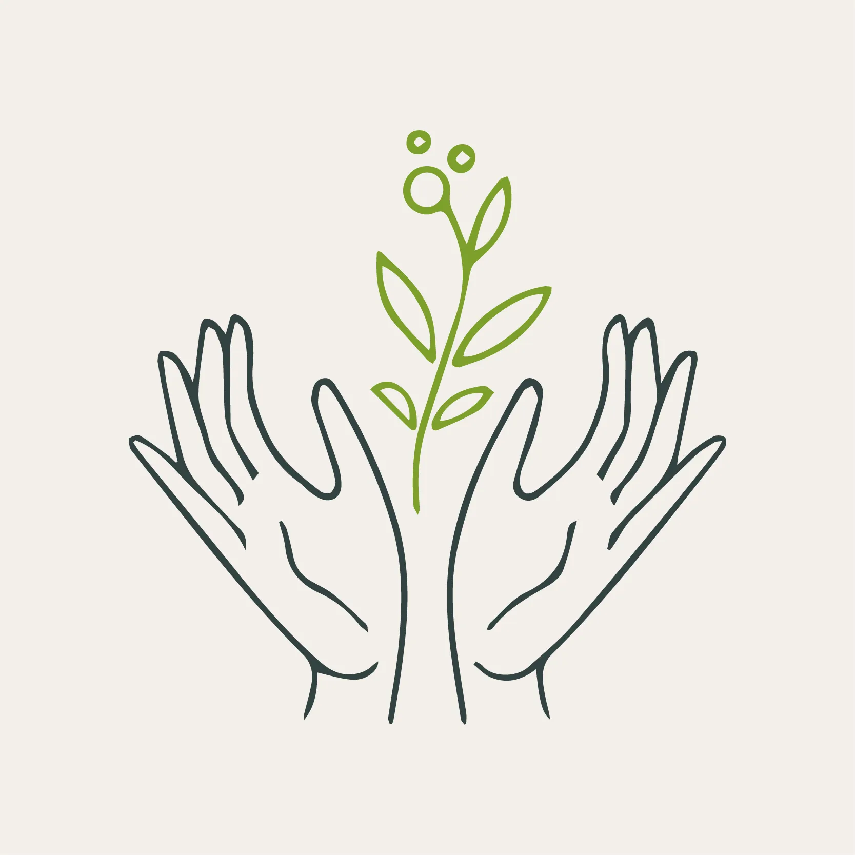 A simple line drawing of a pair of hands cradling a plant with leaves and a flower. The plant is green, and the hands are outlined in black. The background is white.