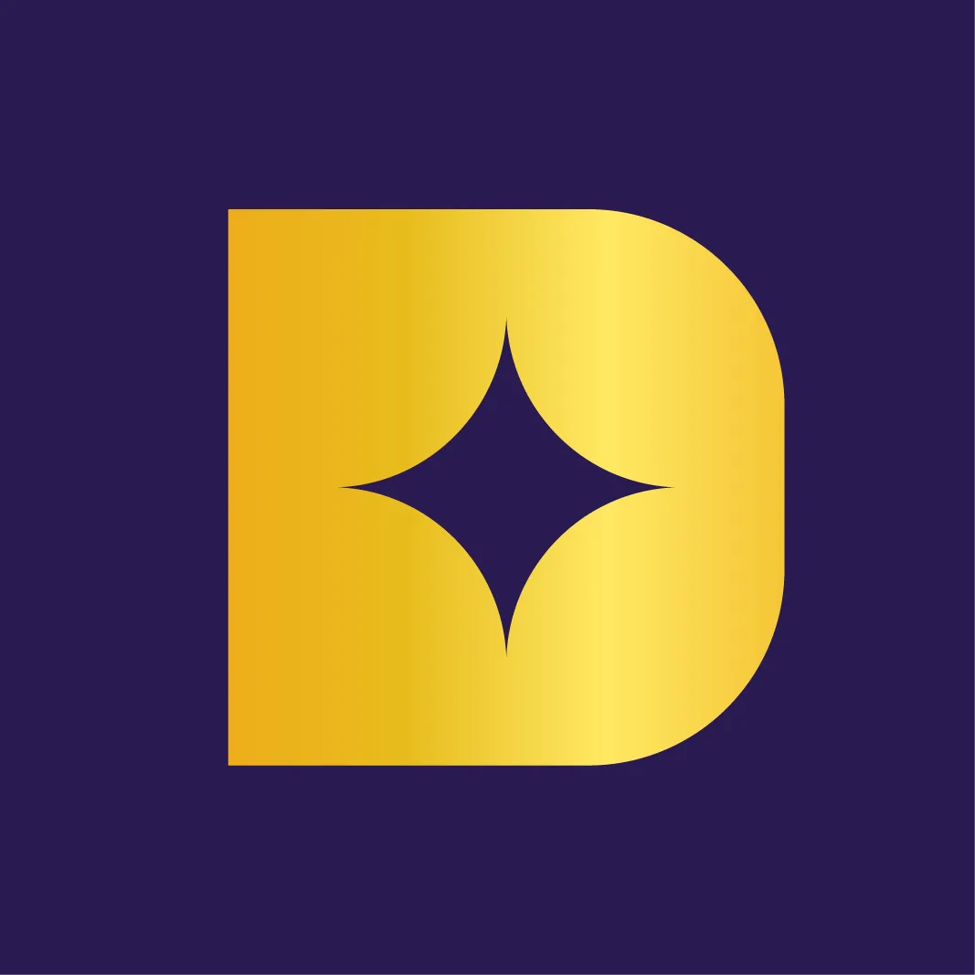 The image features a stylized letter "D" with a dark blue star at its center, set against a deep purple background. The letter "D" is rendered in a vibrant yellow hue, with a subtle gradient effect.