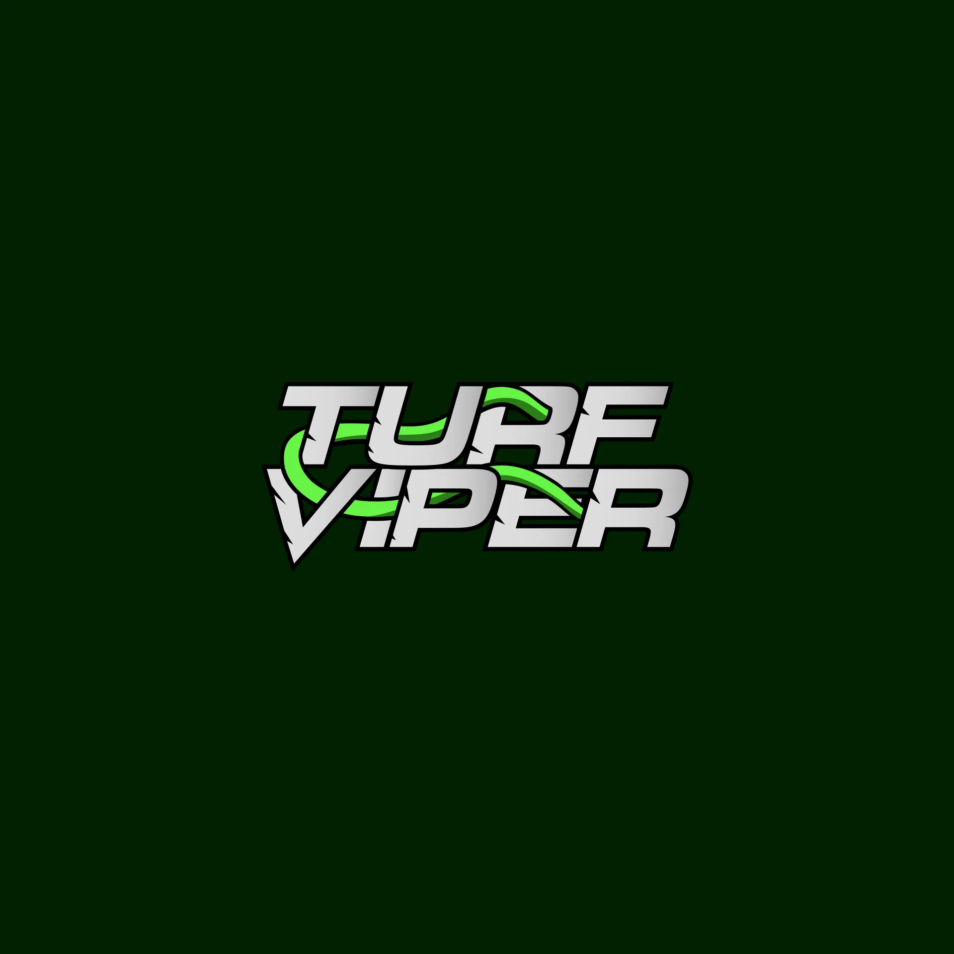 The image features a logo with the words "TURF VIPER" in white, stylized text, with a green, curved line running through the letters. The background is a solid dark green color.