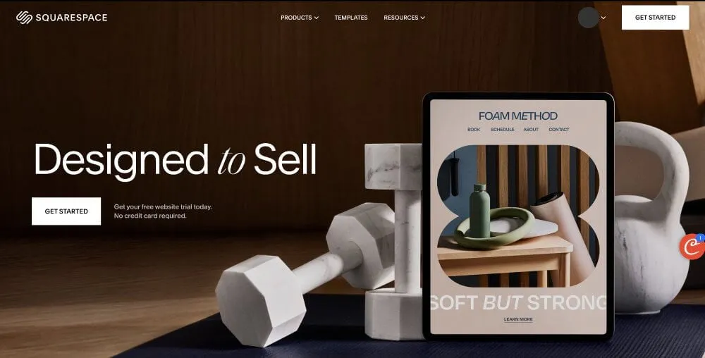 Squarespace website editor showing template-based page design