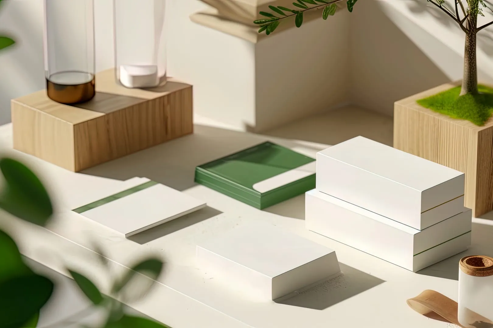 Forest-green sustainable packaging boxes and business cards arranged with glass jars in soft daylight