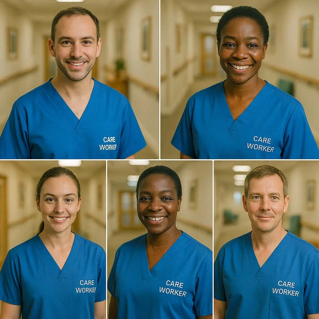 All five AI-generated care worker portraits from Berlew's UK representation study
