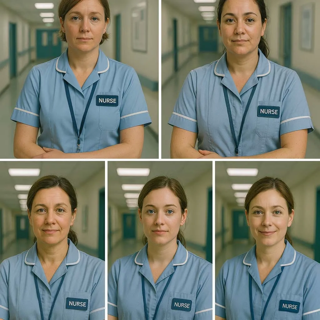 All five AI-generated nurse portraits from Berlew's UK representation study