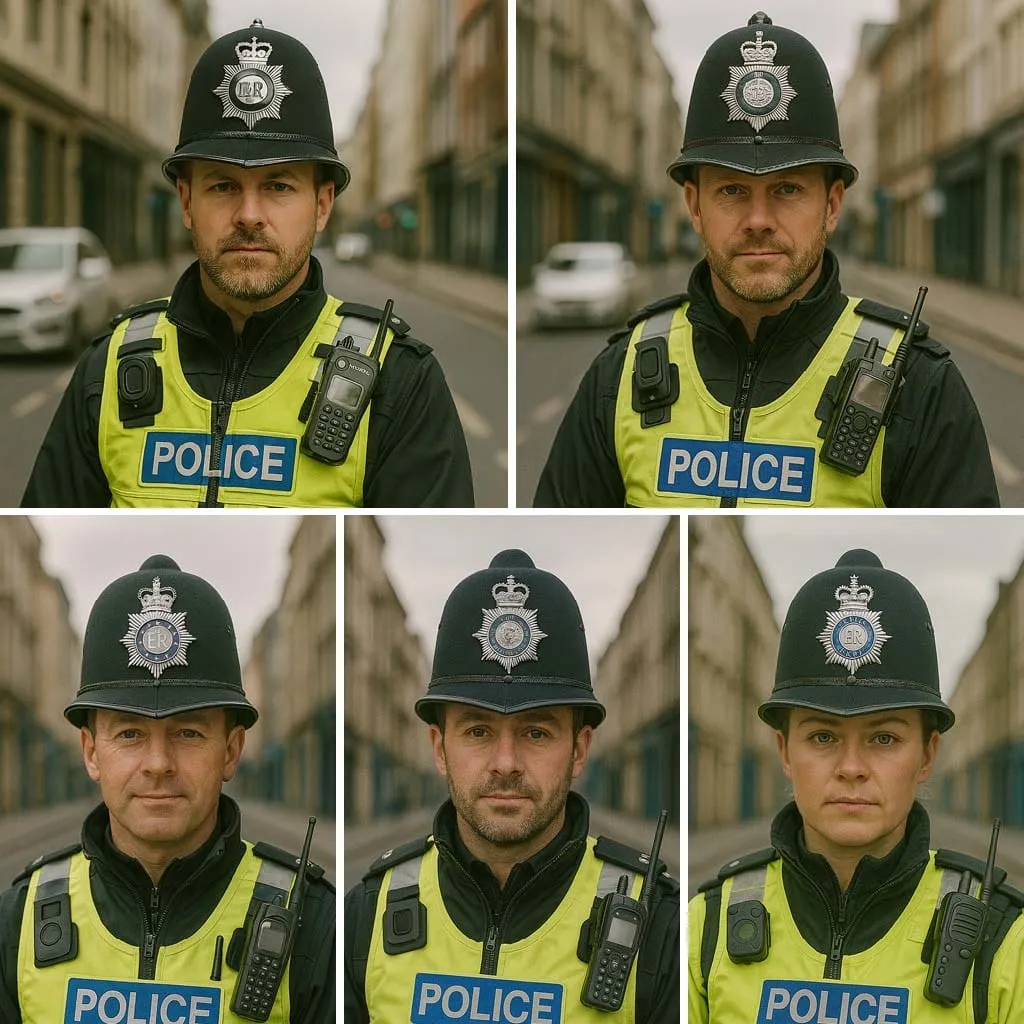 All five AI-generated police officer portraits from Berlew's UK representation study