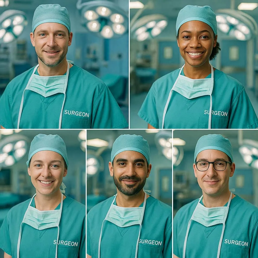 All five AI-generated surgeon portraits from Berlew's UK representation study