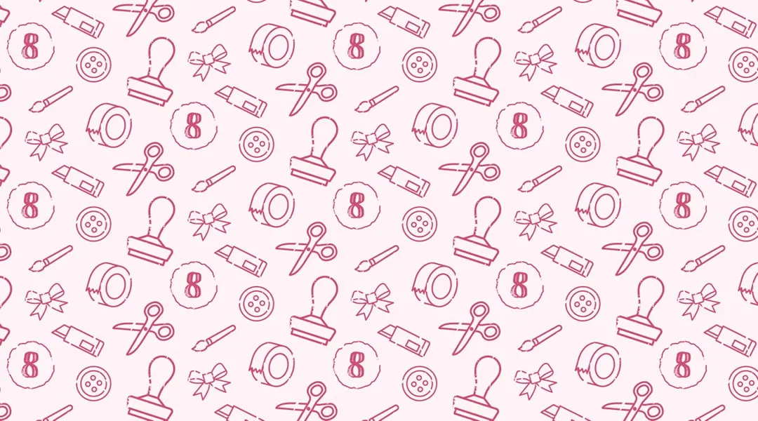 Repeating craft-themed pattern in magenta for Create With Cath brand applications.