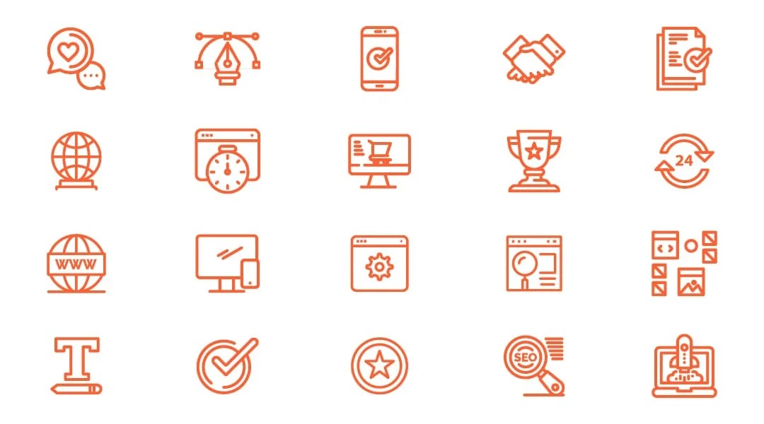 Grid of bespoke terracotta line icons for web, SEO, e-commerce and business services.