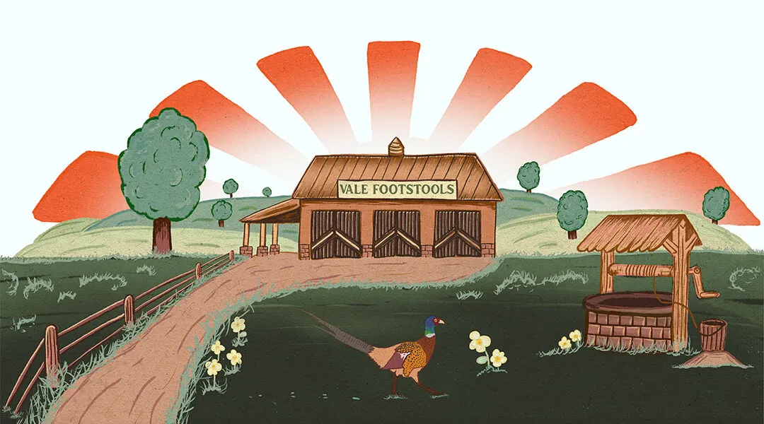 Hand-drawn landscape illustration for Vale Footstools featuring a barn, rolling hills and a pheasant.