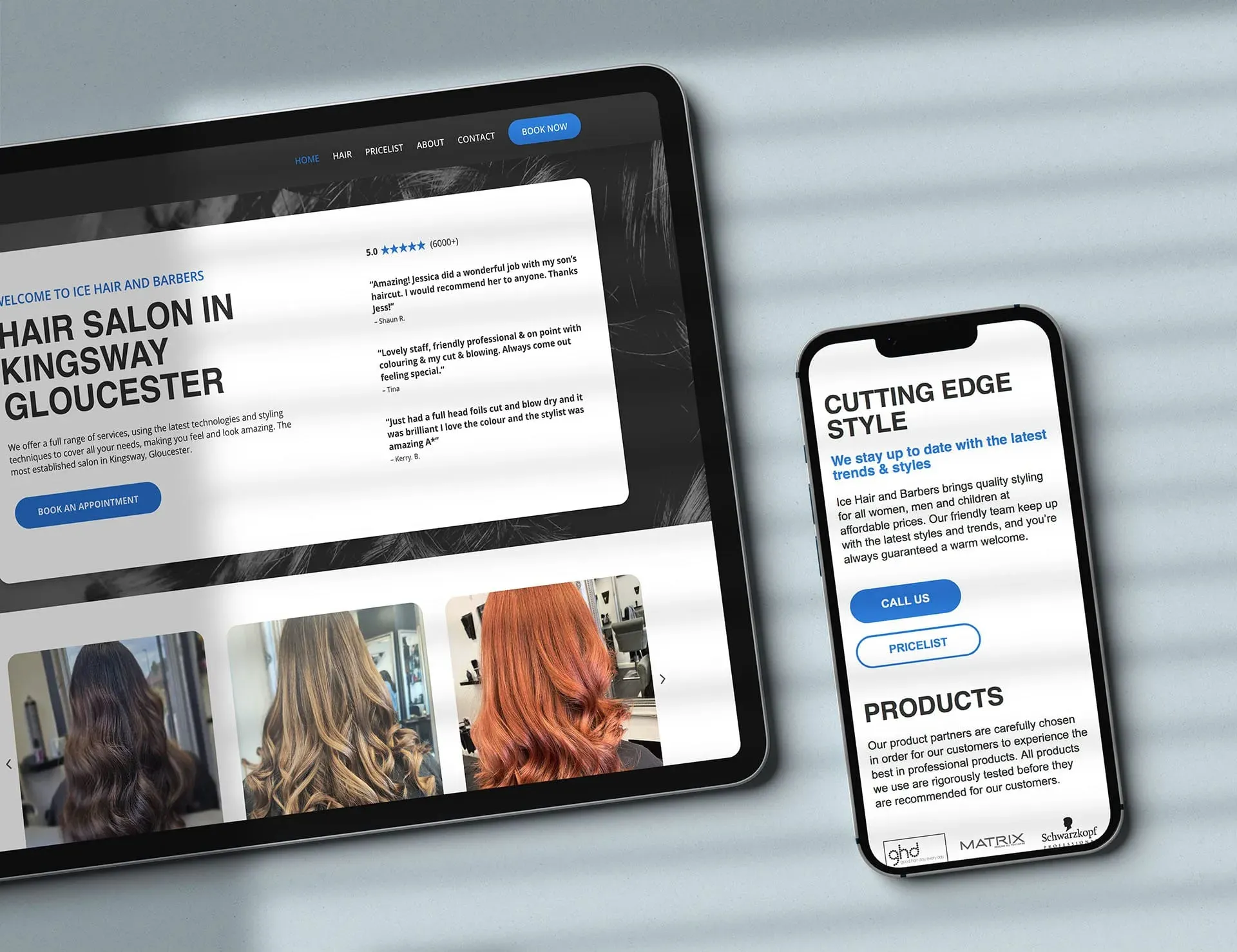 ICE Hair and Barbers website shown on desktop and mobile by Berlew.