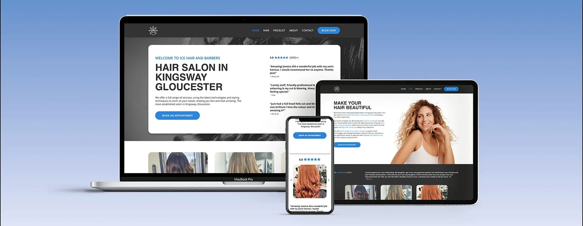 Ice Hair and Barbers salon website shown on mobile, designed by Berlew Design Studio.