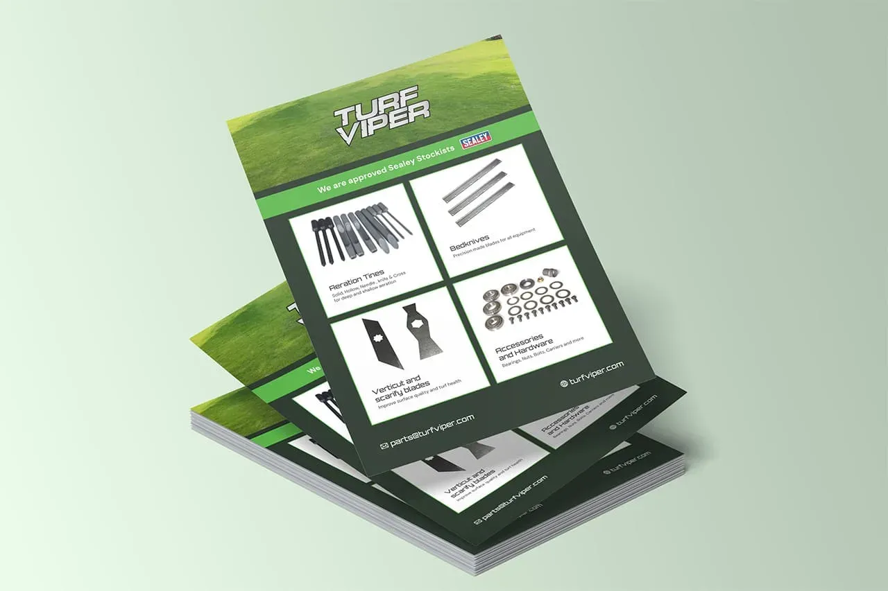 A stack of green and white flyers for Turf Viper, a company that sells turf-related products, is displayed against a light green background. The flyer features a green grassy field at the top, with the company name "Turf Viper"