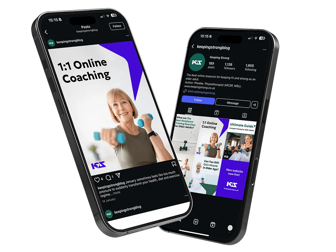 Two smartphones, one standing upright and the other leaning against it, display a social media post for "Keeping Strong" on their screens. The post features a woman exercising with dumbbells.