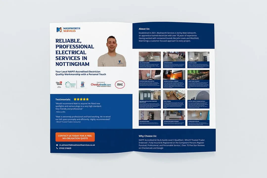 A two-page spread from a brochure for a local trade business, designed by Berlew Design Studio.